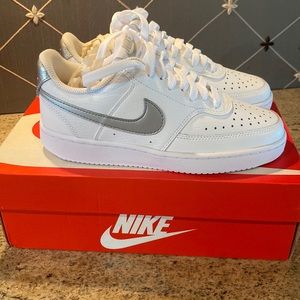Womens Nike court vision low size 5 white and metallic silver brand new with box